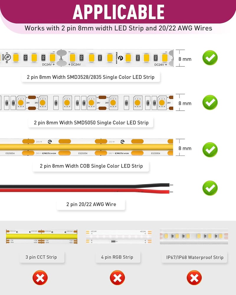 EMITEVER ​ 8-in-1 LED Strip Connectors 12pcs, 2 Pin 8mm COB Tape Lights Terminal Connectors 8 Types Solderless Transparent Connection for​ 5V 12V 24V（Straight, Corner, Strip to Strip, Strip to Wire） - Image 3